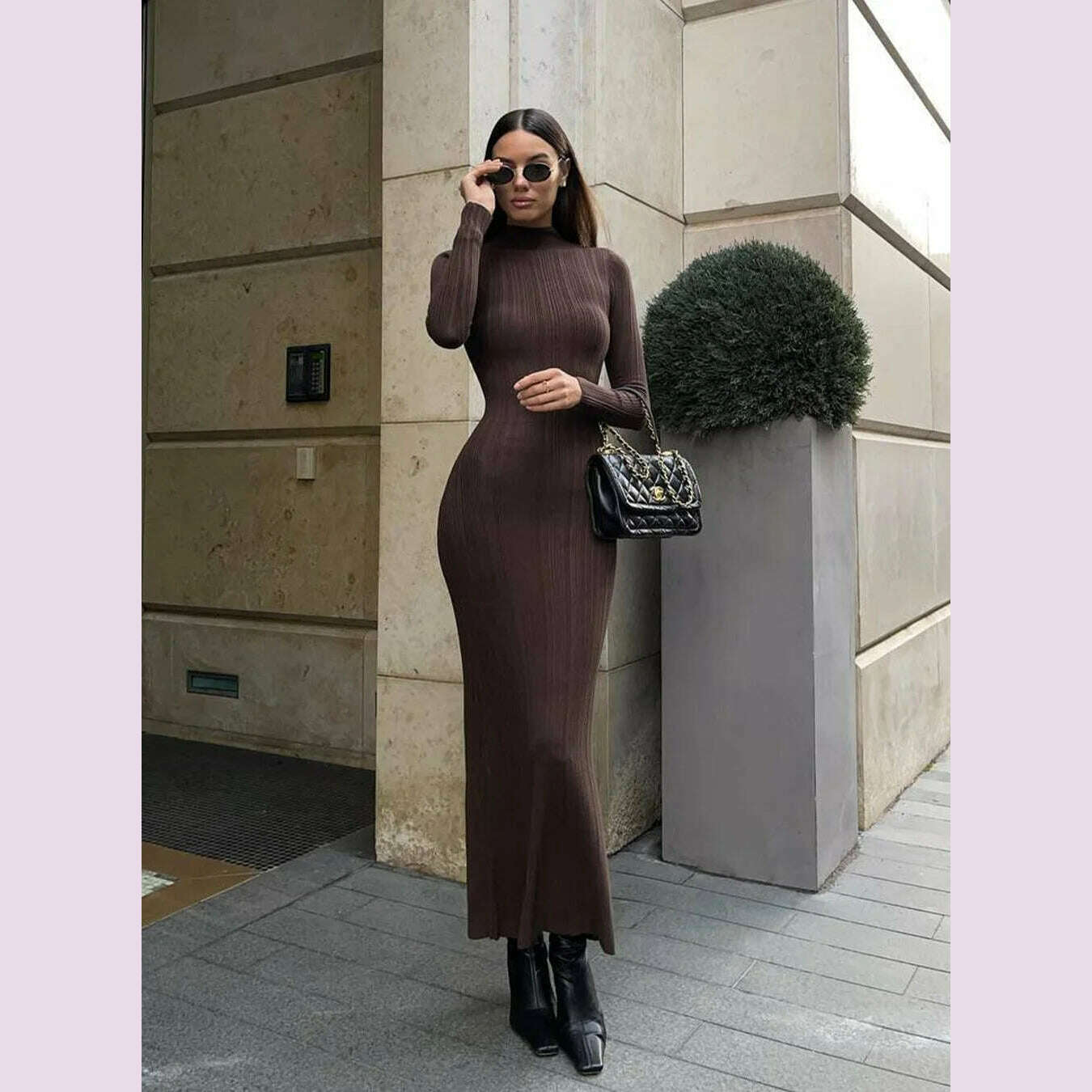 2024 Autumn Winter New Women Knitted Long Sleeved Sweater Dress Sexy High Neck Slim Fit Striped Fashionable Sweater Outwear