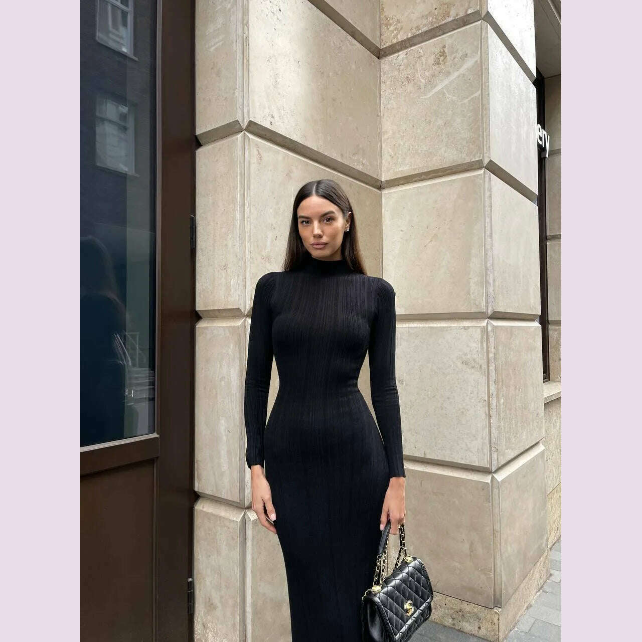 2024 Autumn Winter New Women Knitted Long Sleeved Sweater Dress Sexy High Neck Slim Fit Striped Fashionable Sweater Outwear