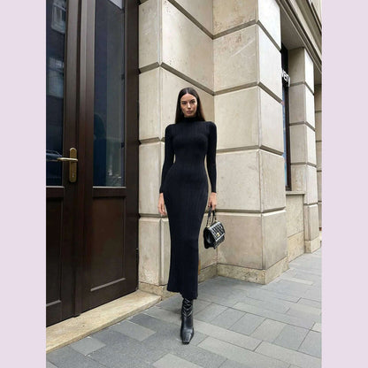 2024 Autumn Winter New Women Knitted Long Sleeved Sweater Dress Sexy High Neck Slim Fit Striped Fashionable Sweater Outwear