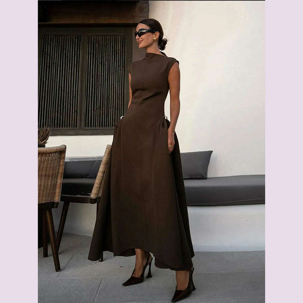 2024 Chic Solid Slanted Collar Pleated A-line Maxi Dress Women's Elegant Sleeveless High Waist Slim Dresses Female Evening Robes