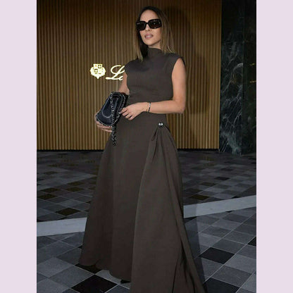 2024 Chic Solid Slanted Collar Pleated A-line Maxi Dress Women's Elegant Sleeveless High Waist Slim Dresses Female Evening Robes
