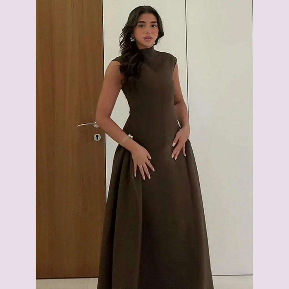 2024 Chic Solid Slanted Collar Pleated A-line Maxi Dress Women's Elegant Sleeveless High Waist Slim Dresses Female Evening Robes