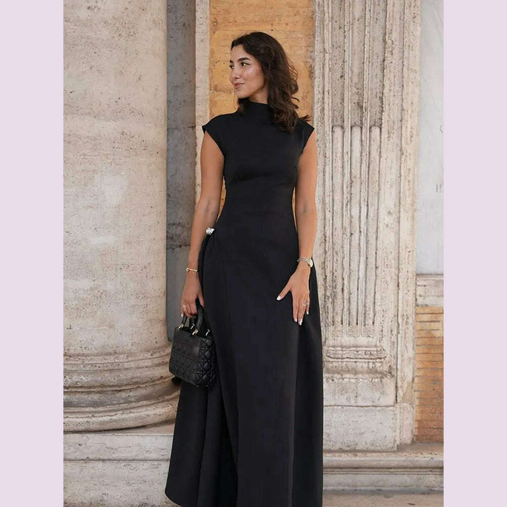 2024 Chic Solid Slanted Collar Pleated A-line Maxi Dress Women's Elegant Sleeveless High Waist Slim Dresses Female Evening Robes