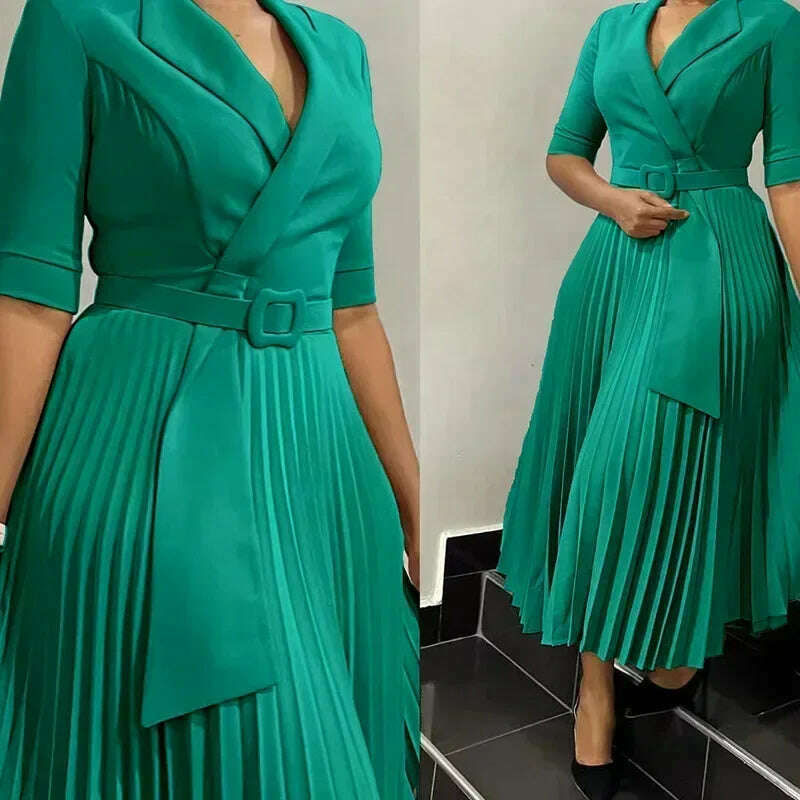 2024 Dashiki African Dresses for Women Autumn Elegant Half Sleeve V-neck Polyester Pleat Dress Ankara Dresses African Clothes