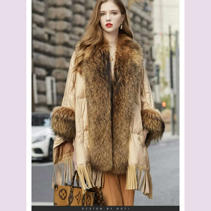 2024 European White Goose Down Down Coat Trend Fashion American Women Winter Jacket Real Raccoon Fur Streetwear Fashion Cloak