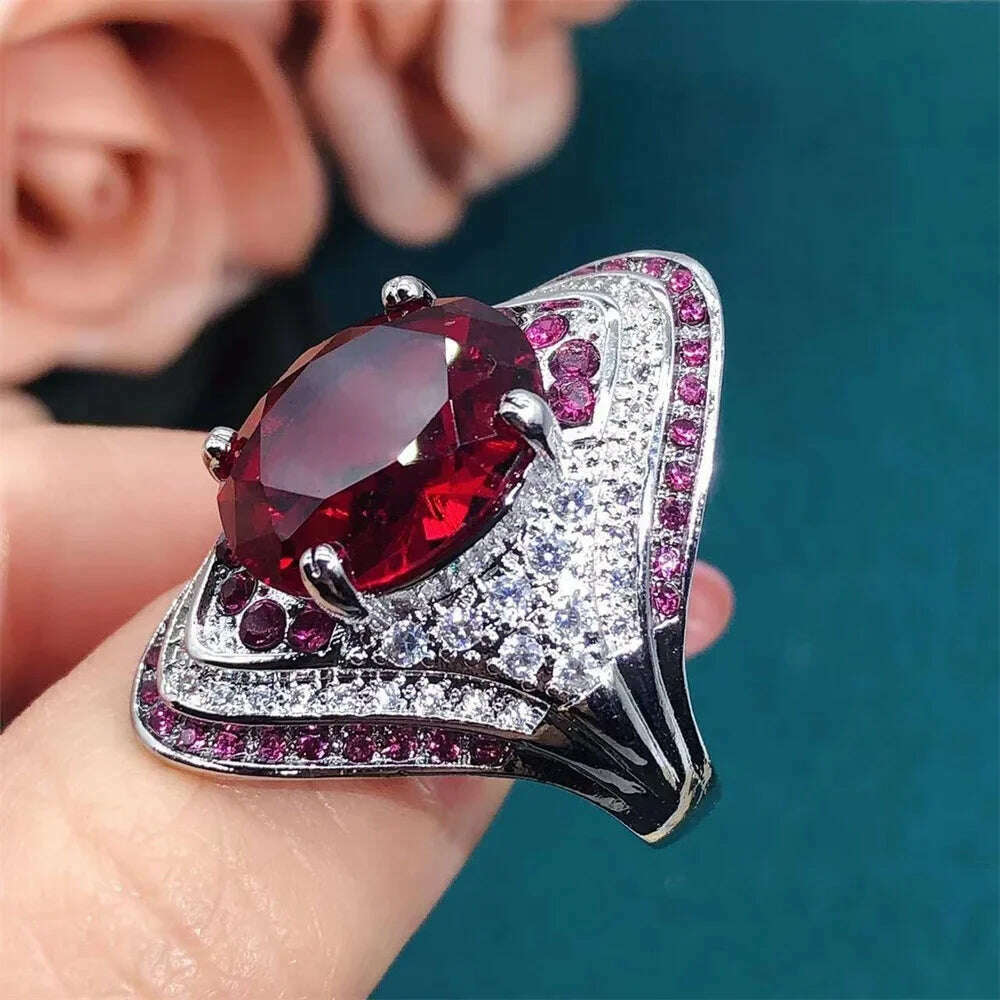 2024 New Red Corundum Ring Women's Super Large Zircon Light Luxury Fashion Party Jewelry Dove Egg Shiny  Wholesale