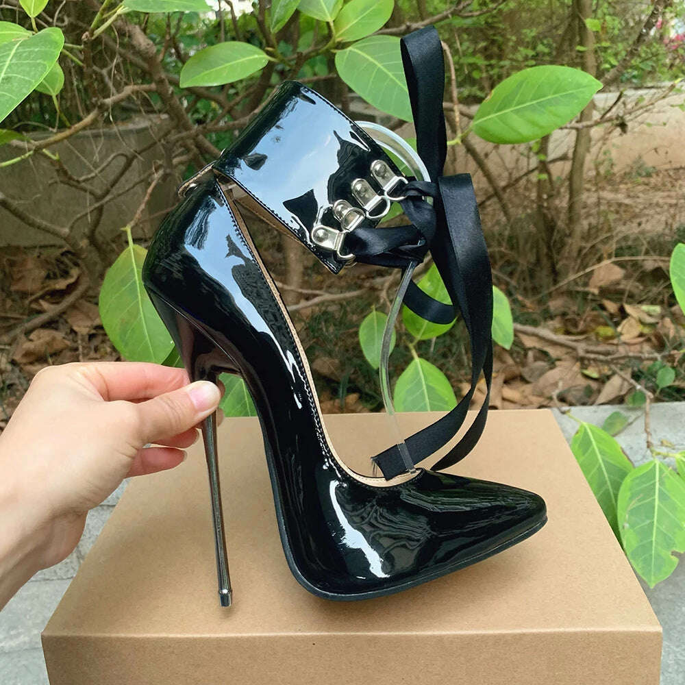 2024 Newly Riband Ankle Strap 16cm Pumps Extreme High Heels Lace Up Bow Fetish Cosplay Drag Queen Cross Dresser Unisex Shoes