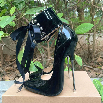 2024 Newly Riband Ankle Strap 16cm Pumps Extreme High Heels Lace Up Bow Fetish Cosplay Drag Queen Cross Dresser Unisex Shoes
