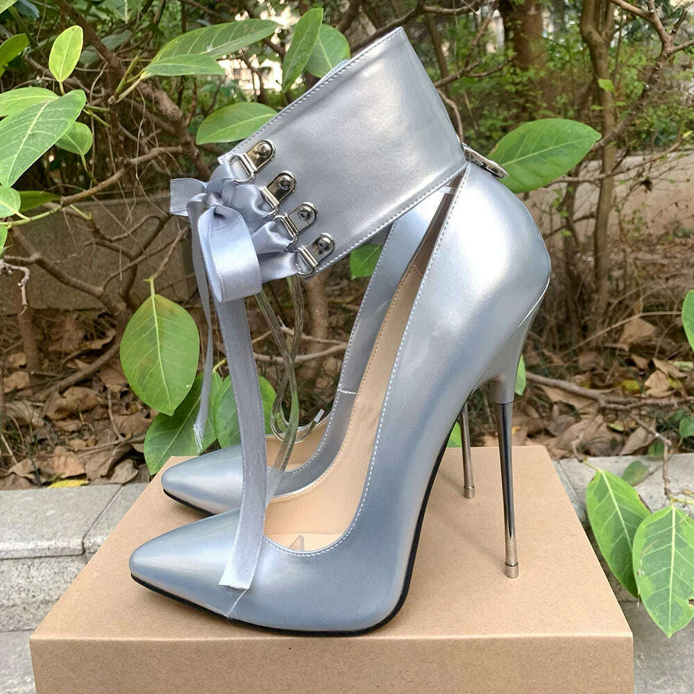 2024 Newly Riband Ankle Strap 16cm Pumps Extreme High Heels Lace Up Bow Fetish Cosplay Drag Queen Cross Dresser Unisex Shoes