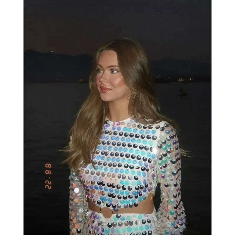 2024 Spring Summer New Dress Women's Fashion Solid Color Sequined Flare Sleeve Dress Women's Sexy O-Neck Irregular Mini Dress