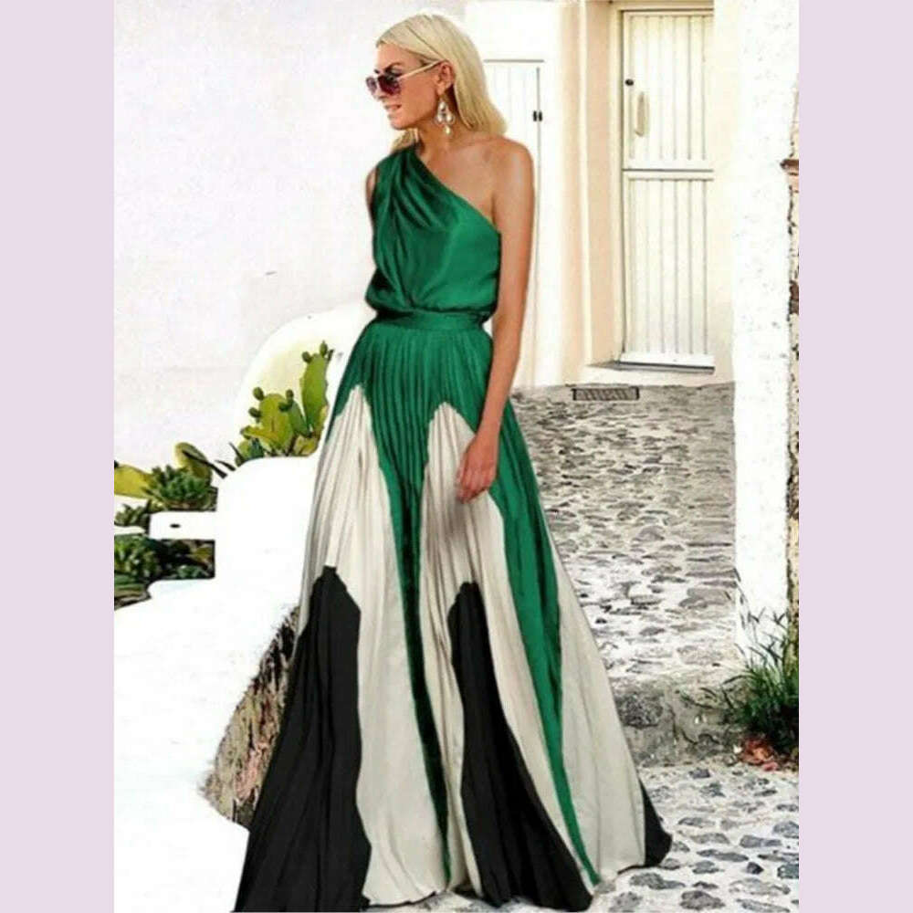 2024 Spring Summer New One Shoulder Dresses Women Splicing Print Off Shoulder Loose Long Dress Fashion Ladies Commuting Vestidos