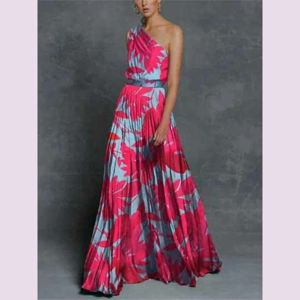 2024 Spring Summer New One Shoulder Dresses Women Splicing Print Off Shoulder Loose Long Dress Fashion Ladies Commuting Vestidos