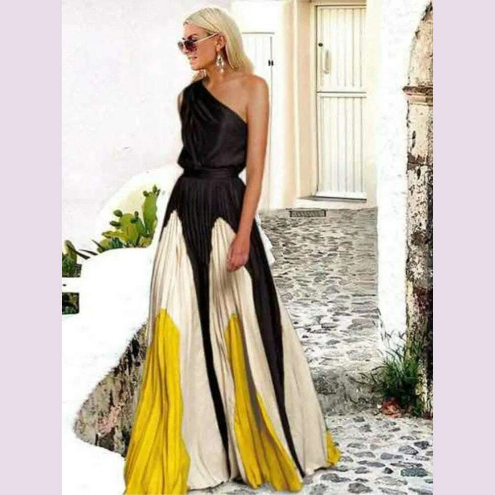 2024 Spring Summer New One Shoulder Dresses Women Splicing Print Off Shoulder Loose Long Dress Fashion Ladies Commuting Vestidos