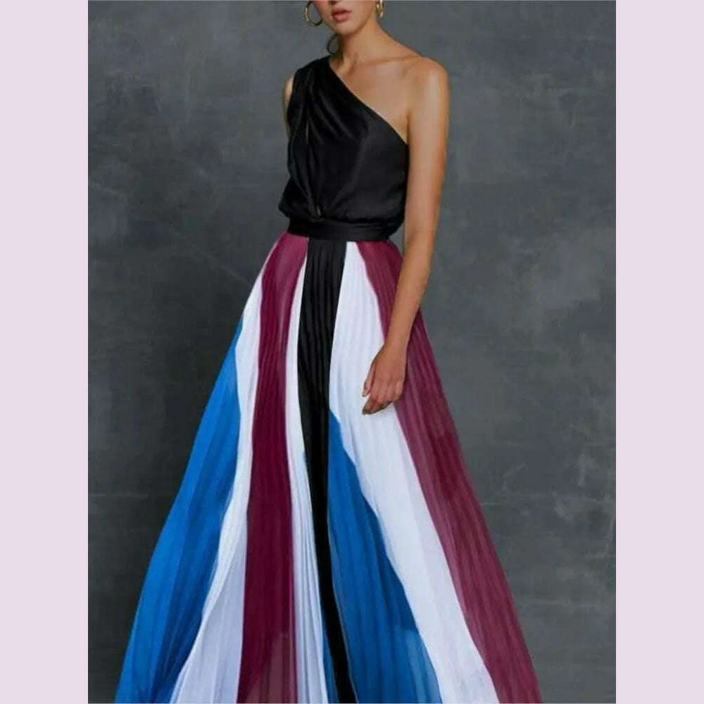 2024 Spring Summer New One Shoulder Dresses Women Splicing Print Off Shoulder Loose Long Dress Fashion Ladies Commuting Vestidos