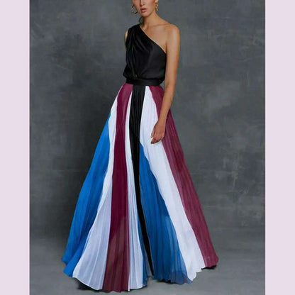 2024 Spring Summer New One Shoulder Dresses Women Splicing Print Off Shoulder Loose Long Dress Fashion Ladies Commuting Vestidos