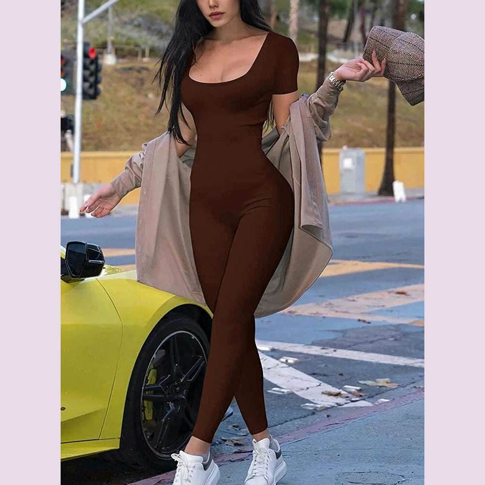 2024 Summer New Women's Round Neck Short Sleeve Slim One Piece Pure Color Yoga Clothing Fitness Jumpsuit