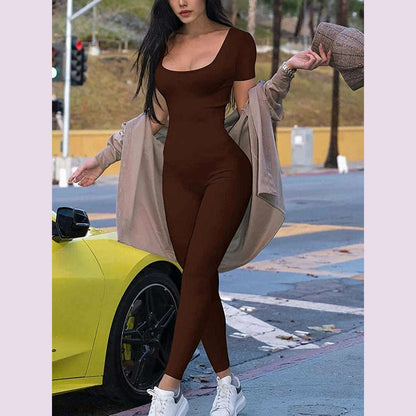 2024 Summer New Women's Round Neck Short Sleeve Slim One Piece Pure Color Yoga Clothing Fitness Jumpsuit