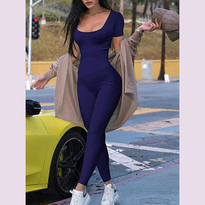 2024 Summer New Women's Round Neck Short Sleeve Slim One Piece Pure Color Yoga Clothing Fitness Jumpsuit