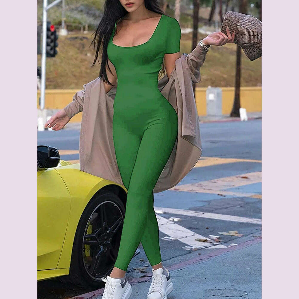2024 Summer New Women's Round Neck Short Sleeve Slim One Piece Pure Color Yoga Clothing Fitness Jumpsuit