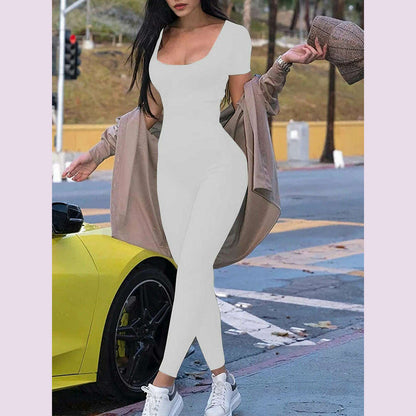 2024 Summer New Women's Round Neck Short Sleeve Slim One Piece Pure Color Yoga Clothing Fitness Jumpsuit