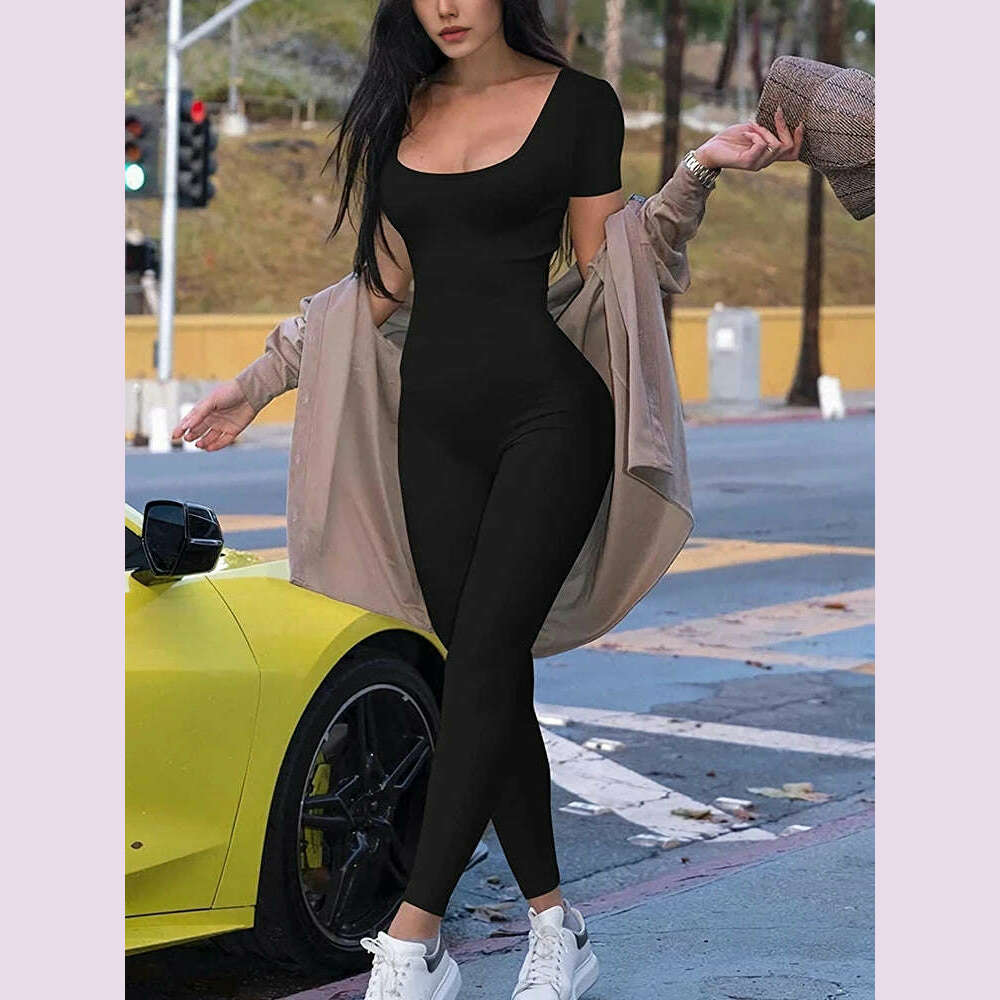 2024 Summer New Women's Round Neck Short Sleeve Slim One Piece Pure Color Yoga Clothing Fitness Jumpsuit
