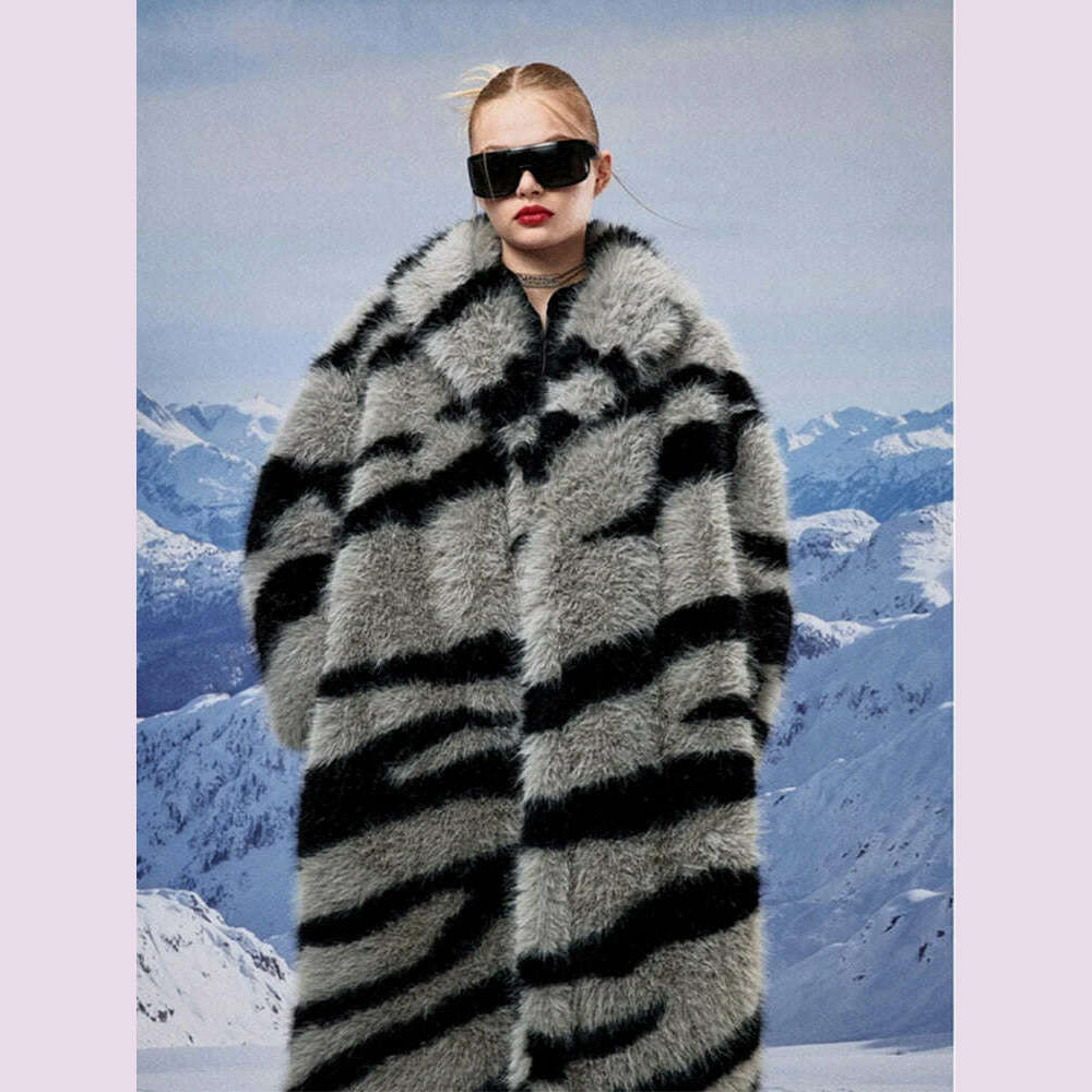 2024 Winter Vintage Thick Warm Long Faux Fur Coat Women Zebra-stripe Printed Fluffy Jacket Fur Coat Large Size Luxury Overcoat