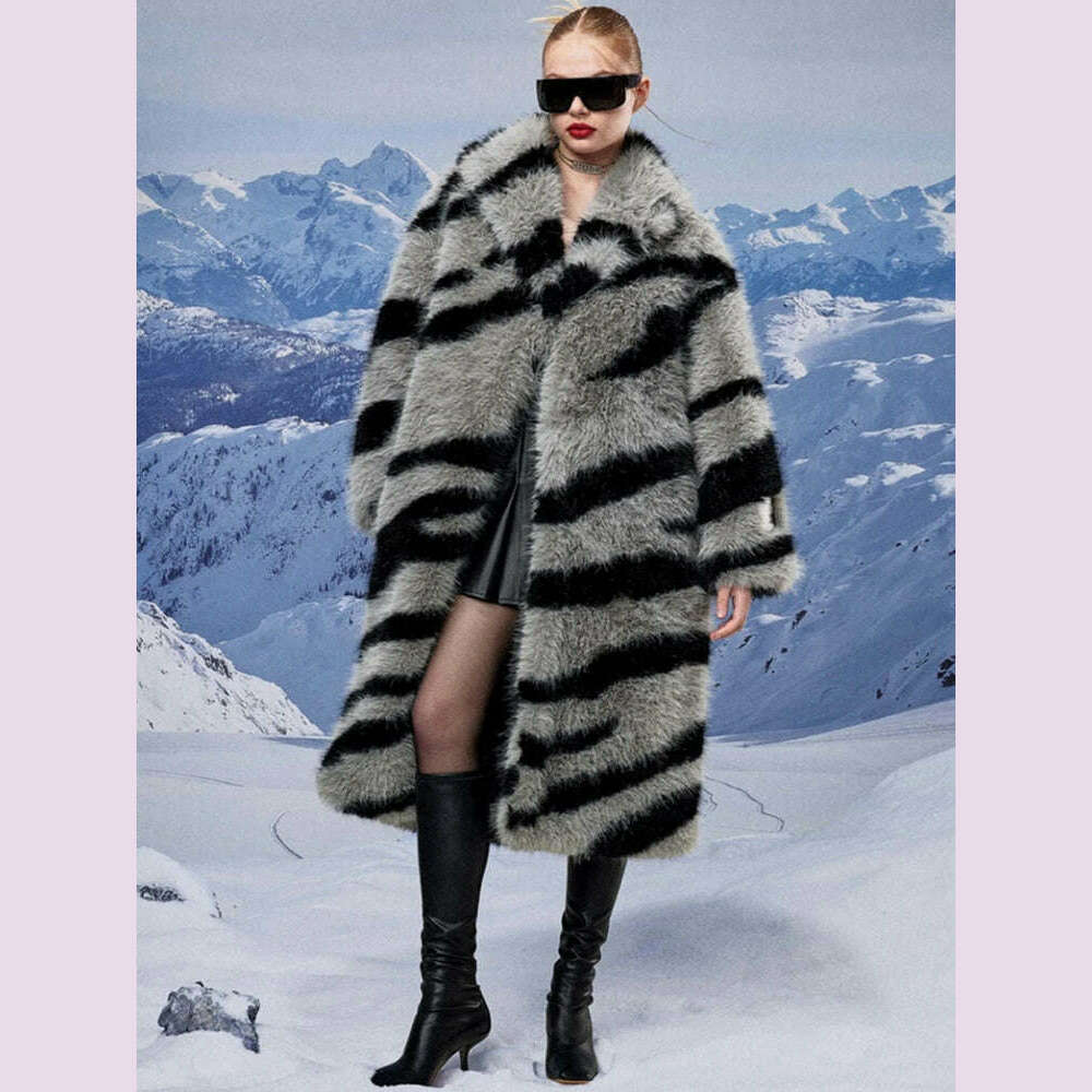 2024 Winter Vintage Thick Warm Long Faux Fur Coat Women Zebra-stripe Printed Fluffy Jacket Fur Coat Large Size Luxury Overcoat