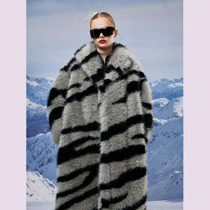 2024 Winter Vintage Thick Warm Long Faux Fur Coat Women Zebra-stripe Printed Fluffy Jacket Fur Coat Large Size Luxury Overcoat