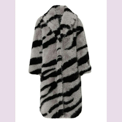 2024 Winter Vintage Thick Warm Long Faux Fur Coat Women Zebra-stripe Printed Fluffy Jacket Fur Coat Large Size Luxury Overcoat