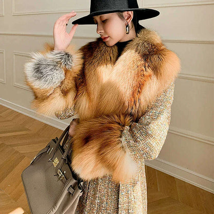 2024 Winter Women Wool Blends Long Coat Real Red Fox Fur Collar Cuffs Thick Warm Jacket Tweed Plaid New Luxury Female Coat