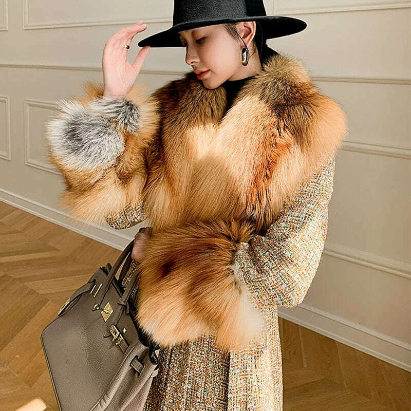 2024 Winter Women Wool Blends Long Coat Real Red Fox Fur Collar Cuffs Thick Warm Jacket Tweed Plaid New Luxury Female Coat