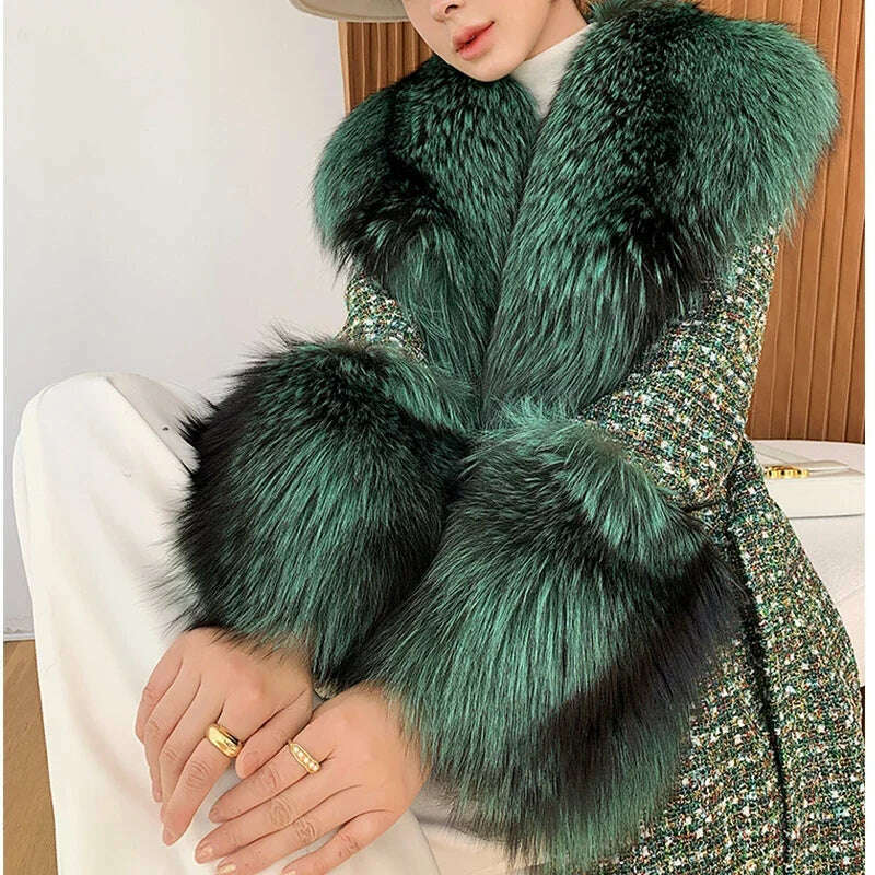 2024 Winter Women Wool Blends Long Coat Real Red Fox Fur Collar Cuffs Thick Warm Jacket Tweed Plaid New Luxury Female Coat