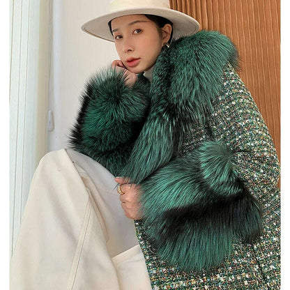 2024 Winter Women Wool Blends Long Coat Real Red Fox Fur Collar Cuffs Thick Warm Jacket Tweed Plaid New Luxury Female Coat