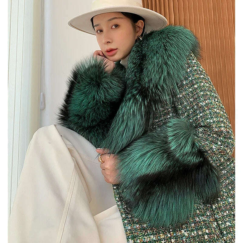 2024 Winter Women Wool Blends Long Coat Real Red Fox Fur Collar Cuffs Thick Warm Jacket Tweed Plaid New Luxury Female Coat