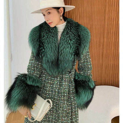 2024 Winter Women Wool Blends Long Coat Real Red Fox Fur Collar Cuffs Thick Warm Jacket Tweed Plaid New Luxury Female Coat