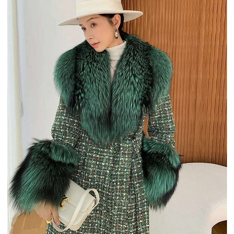 2024 Winter Women Wool Blends Long Coat Real Red Fox Fur Collar Cuffs Thick Warm Jacket Tweed Plaid New Luxury Female Coat