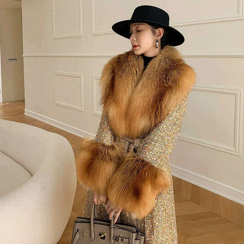 2024 Winter Women Wool Blends Long Coat Real Red Fox Fur Collar Cuffs Thick Warm Jacket Tweed Plaid New Luxury Female Coat