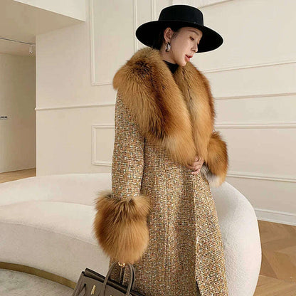 2024 Winter Women Wool Blends Long Coat Real Red Fox Fur Collar Cuffs Thick Warm Jacket Tweed Plaid New Luxury Female Coat
