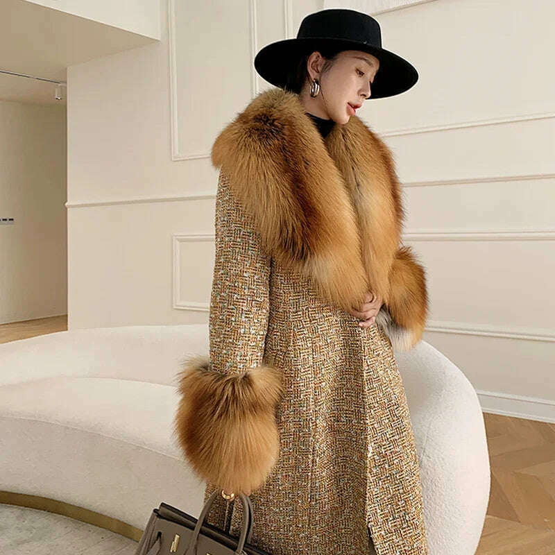 2024 Winter Women Wool Blends Long Coat Real Red Fox Fur Collar Cuffs Thick Warm Jacket Tweed Plaid New Luxury Female Coat