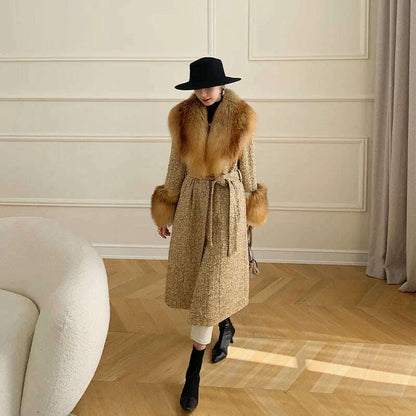 2024 Winter Women Wool Blends Long Coat Real Red Fox Fur Collar Cuffs Thick Warm Jacket Tweed Plaid New Luxury Female Coat