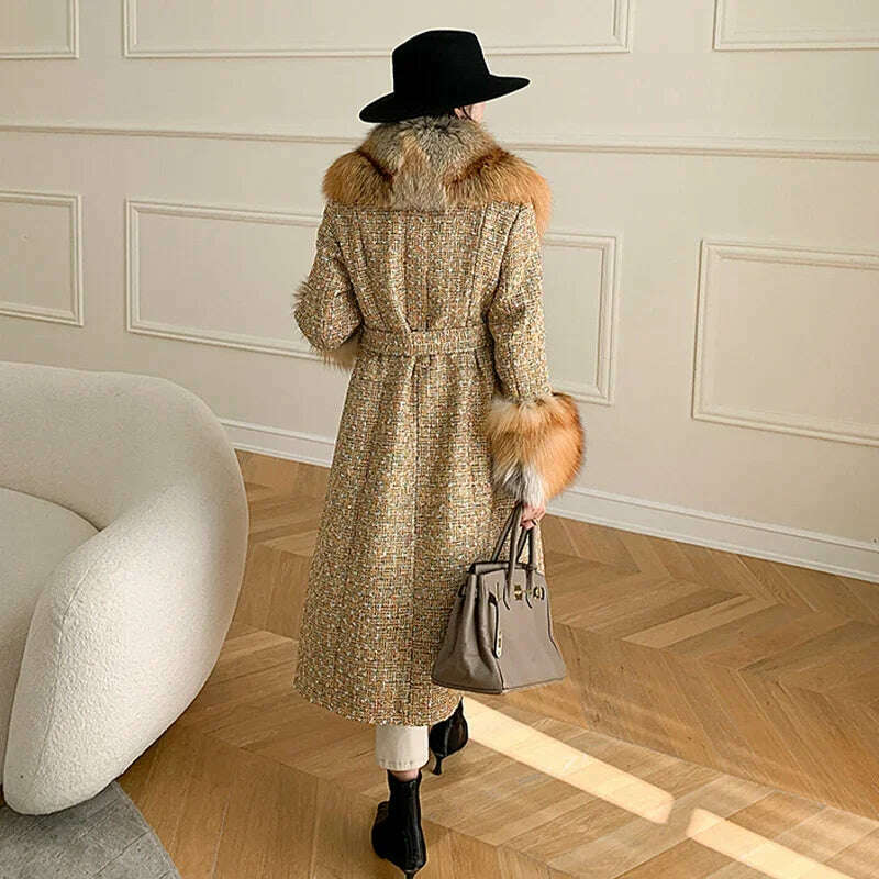 2024 Winter Women Wool Blends Long Coat Real Red Fox Fur Collar Cuffs Thick Warm Jacket Tweed Plaid New Luxury Female Coat
