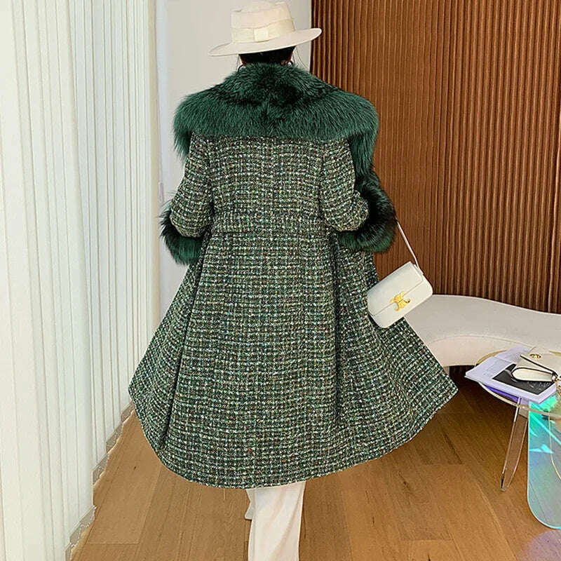 2024 Winter Women Wool Blends Long Coat Real Red Fox Fur Collar Cuffs Thick Warm Jacket Tweed Plaid New Luxury Female Coat