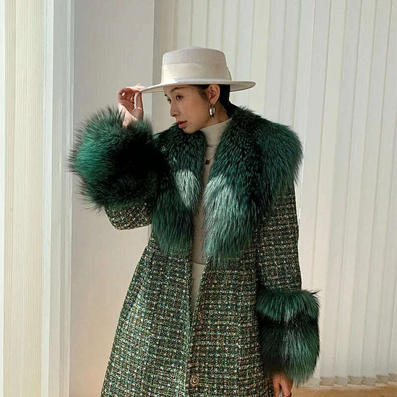 2024 Winter Women Wool Blends Long Coat Real Red Fox Fur Collar Cuffs Thick Warm Jacket Tweed Plaid New Luxury Female Coat