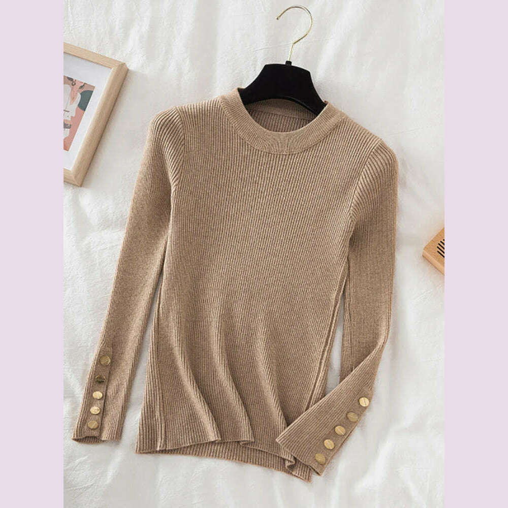 2024 women thick sweater pullovers khaki casual autumn winter button o-neck chic sweater female slim knit top soft jumper tops