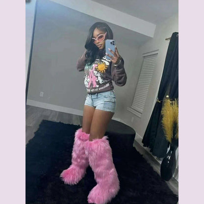 2024 Women Winter Thigh High Fluffy Boots Ladies Furry Faux Fox Fur Long Warm Shoes girls New Designer Plush Knee High Fur Boots