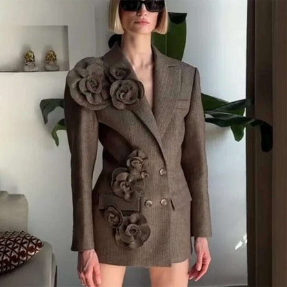 2025 Spring New Elegant Commuting Style Handmade Embroidered Flower Decoration Spliced Double Row Button Women's Suit Jacket