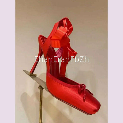 2025 Women's New Summer Square Satin High Heel Sandals with Ankle Strap, Fashionable Party and Banquet Ballet High Heels