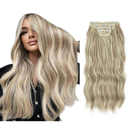22" 4pcs/set Synthetic Clip In Hair Extensions Elegant Long Wavy Thick Hairpiece Daily Use Brown Blonde Natural Fake Hair