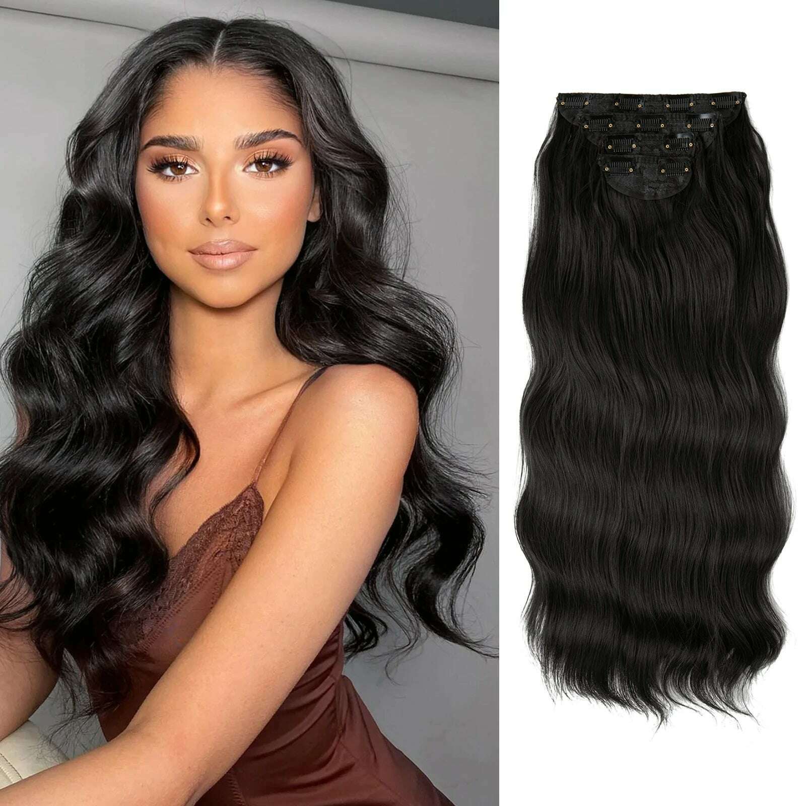 22" 4pcs/set Synthetic Clip In Hair Extensions Elegant Long Wavy Thick Hairpiece Daily Use Brown Blonde Natural Fake Hair