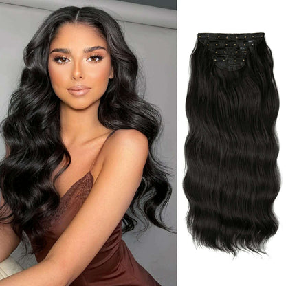 22" 4pcs/set Synthetic Clip In Hair Extensions Elegant Long Wavy Thick Hairpiece Daily Use Brown Blonde Natural Fake Hair